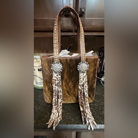 Raviani Handbags - Raviani Brown and Tan CowhideTote with Fringe And Croc Embossed On The Back